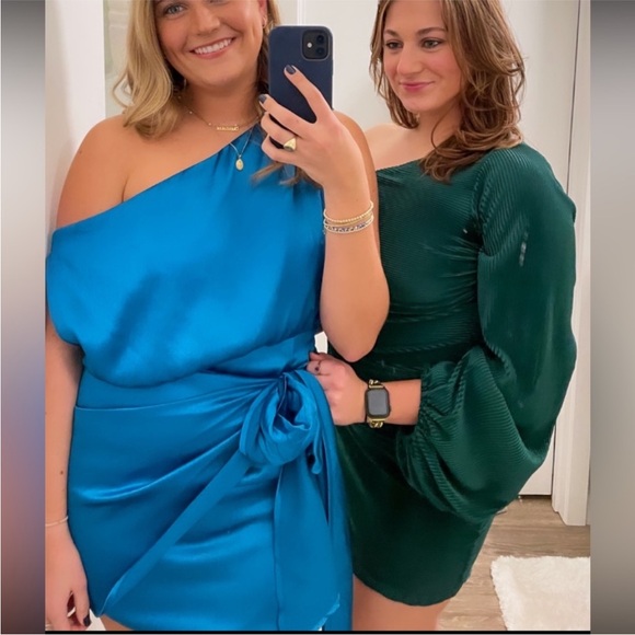 Elegant Blue One-Shoulder Mini Dress - Picture 1 of 15